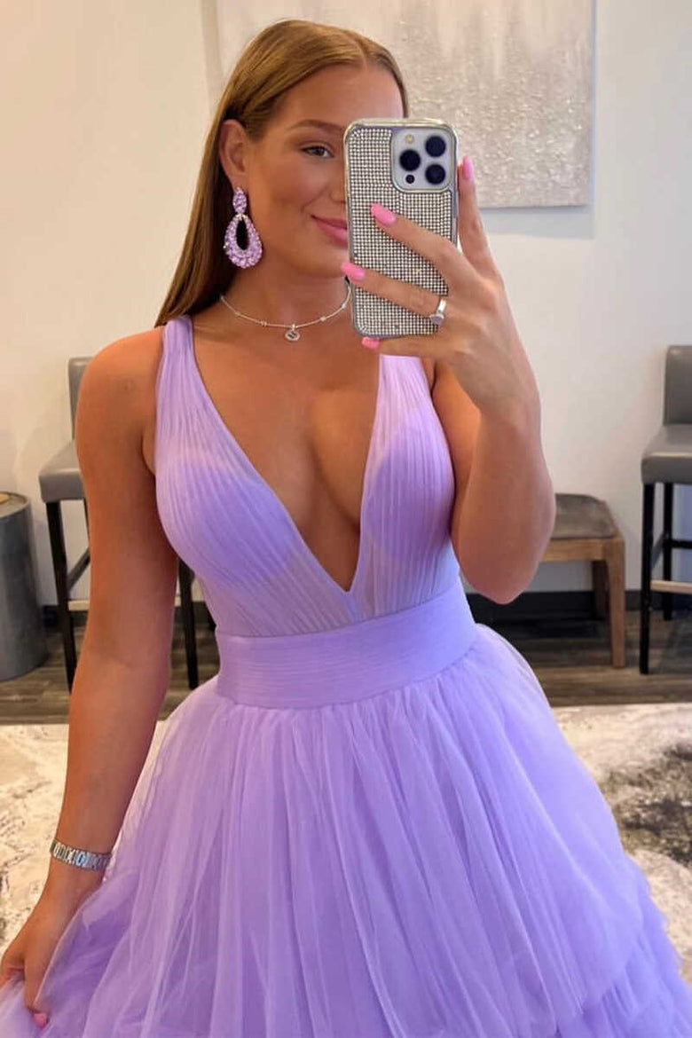Robe de bal longue en tulle orange à col en V et coupe trapèze de Roycebridal Reese