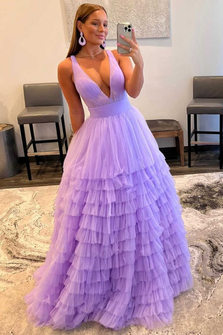 Robe de bal longue en tulle orange à col en V et coupe trapèze de Roycebridal Reese