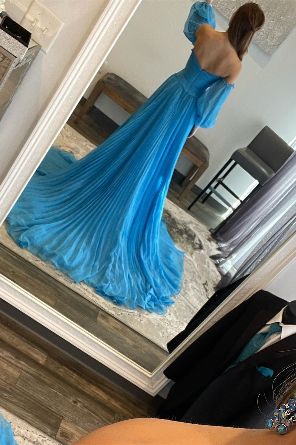 Roycebridal Ana | Trägerloses A-Linien-Ballkleid mit Strasssteinen und Ärmeln in Jägergrün
