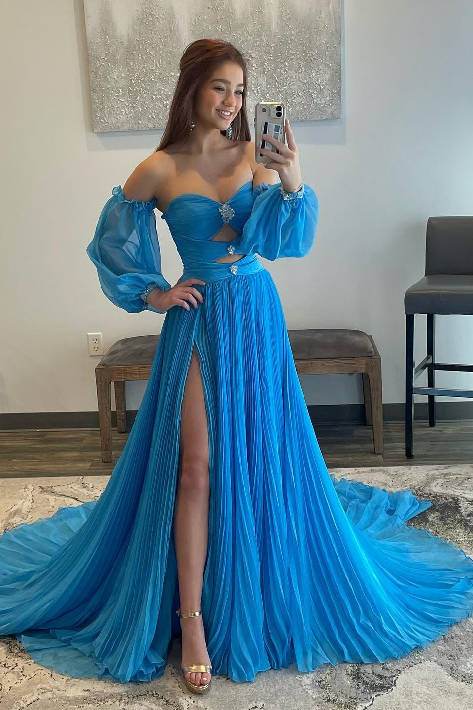 Roycebridal Ana | Trägerloses A-Linien-Ballkleid mit Strasssteinen und Ärmeln in Jägergrün