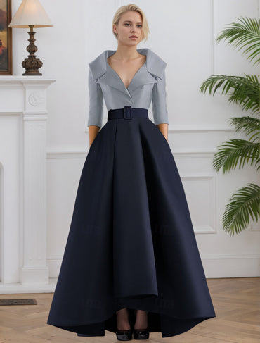 3/4 Length Sleeve Shirt Collar with Pocket Satin A Line Formal Evening Dresses