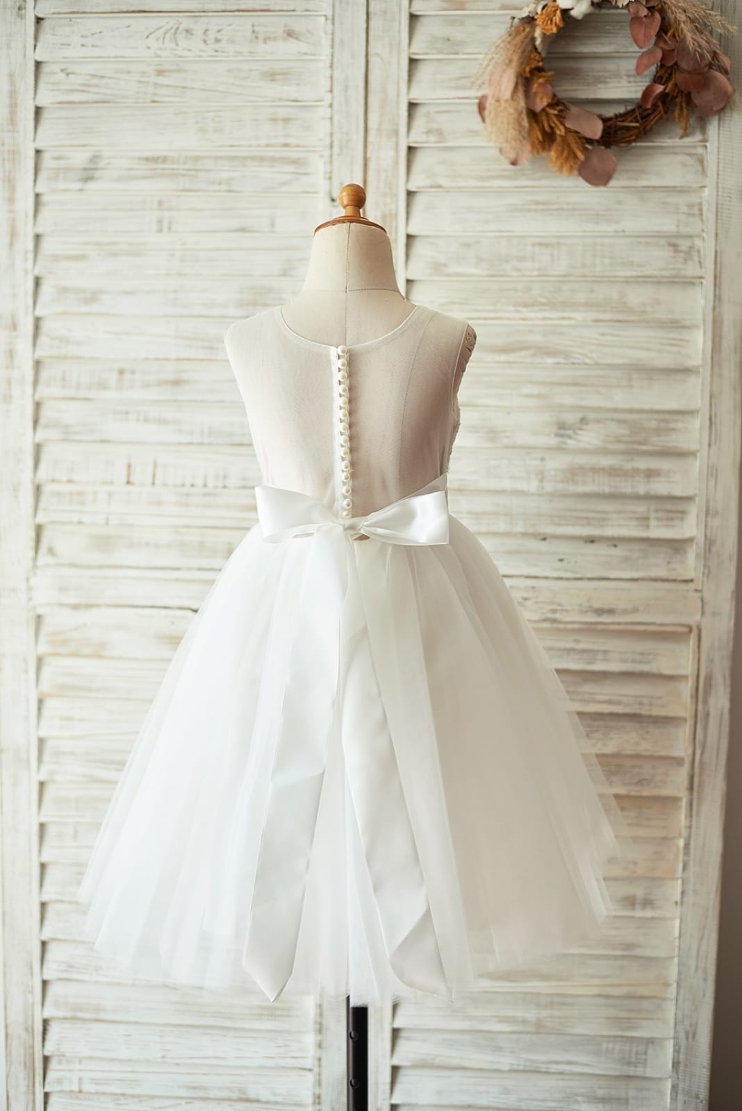 Light Champagne Lace Tulle Sheer Back Wedding Flower Girl