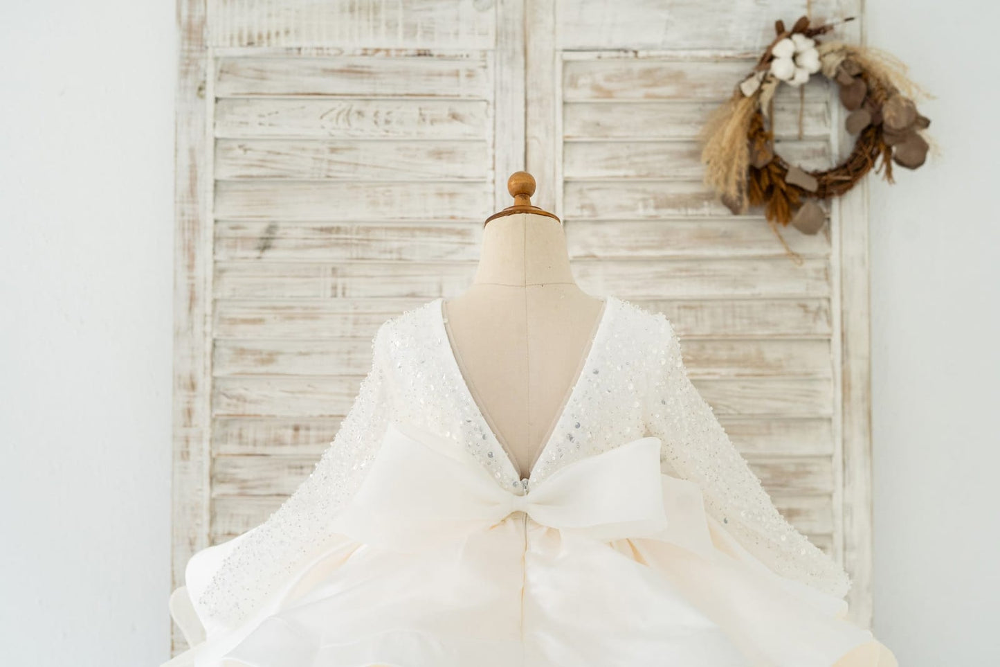 Long Sleeves V Back Crystal Beaded Tulle Satin Wedding