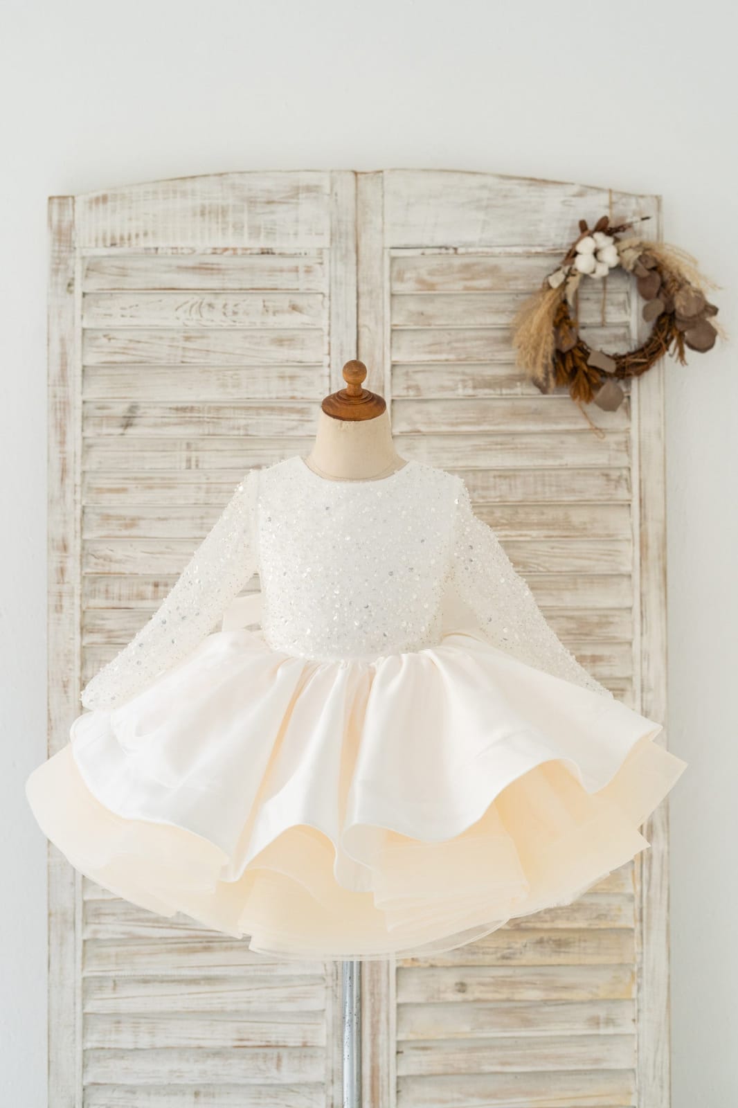 Long Sleeves V Back Crystal Beaded Tulle Satin Wedding
