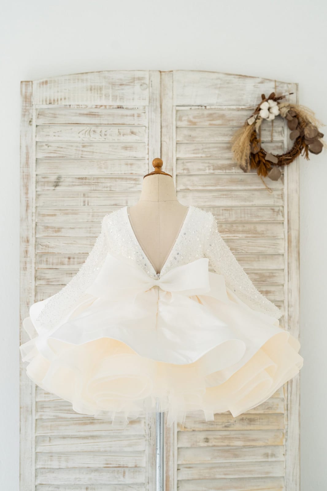 Long Sleeves V Back Crystal Beaded Tulle Satin Wedding