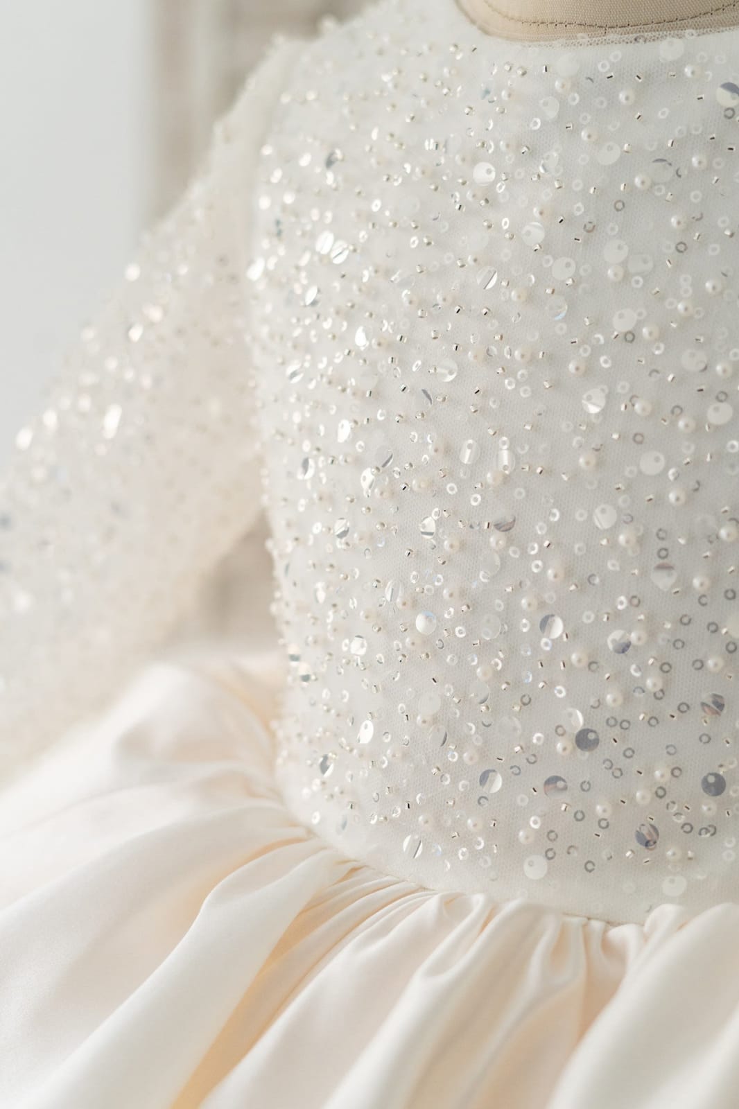 Long Sleeves V Back Crystal Beaded Tulle Satin Wedding