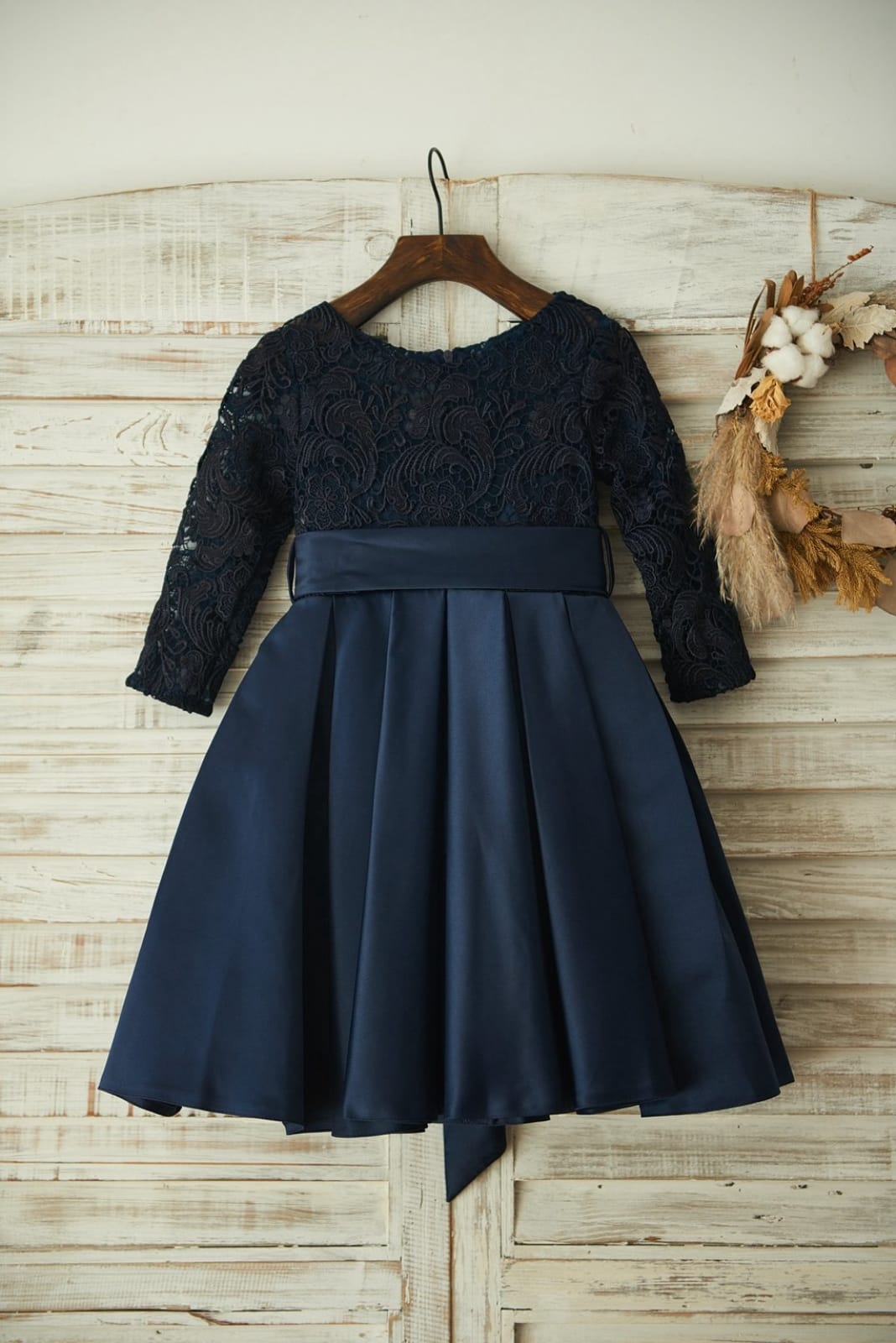 Long Sleeves Navy Blue Lace Satin Wedding Flower Girl Dress