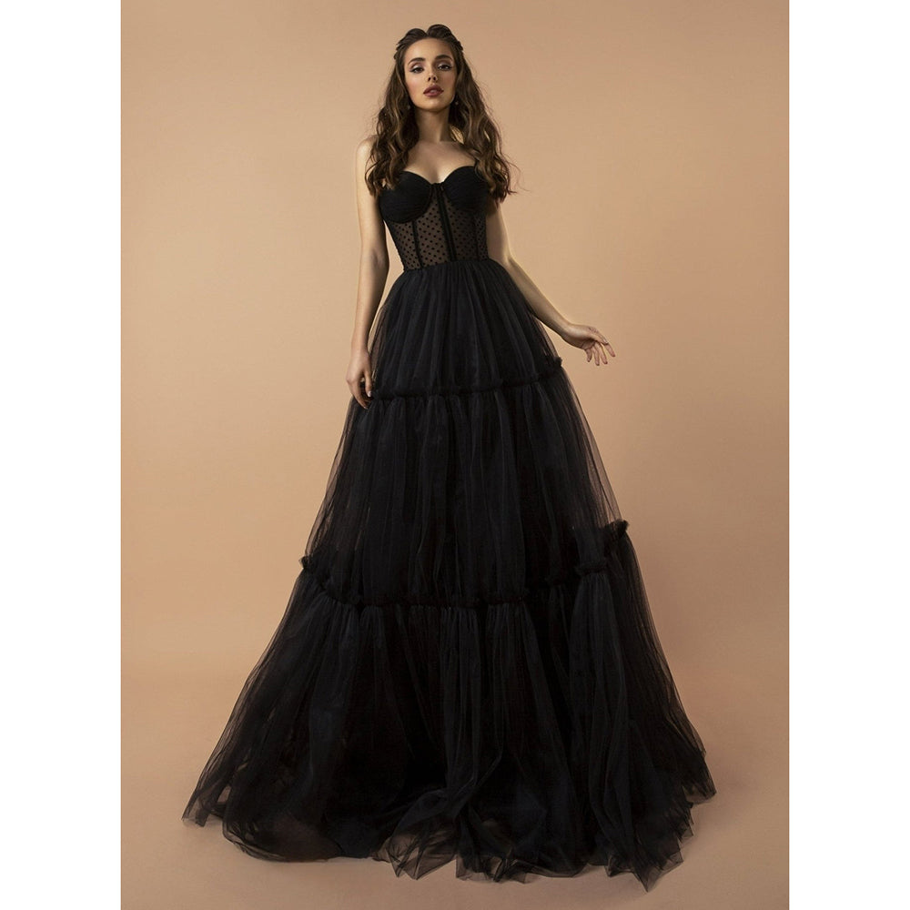 Polka Dot Bodice Sweetheart Spaghetti Straps Sleeveless Tulle A Line Gothic Black Wedding Dress