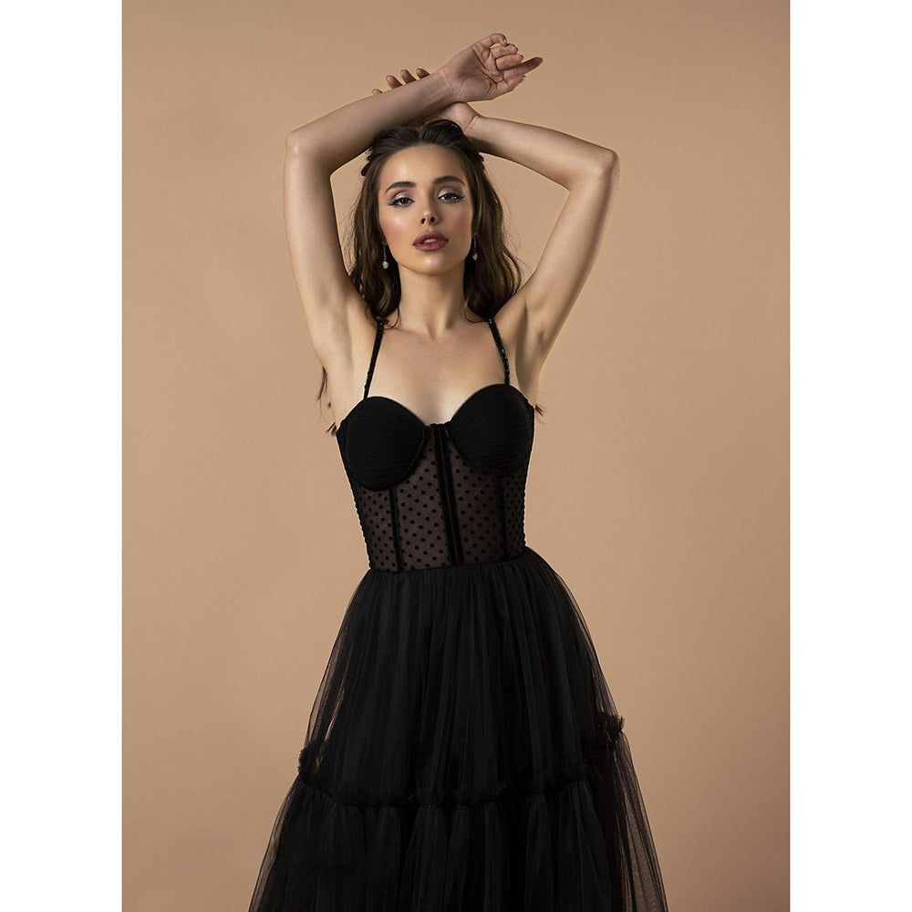 Polka Dot Bodice Sweetheart Spaghetti Straps Sleeveless Tulle A Line Gothic Black Wedding Dress