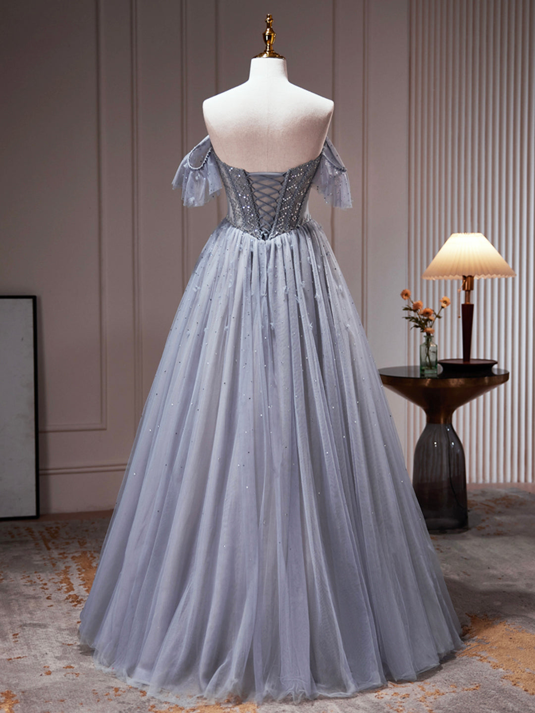 Roycebridal Yamileth | Gray Tulle Off Shoulder Beaded Party Dress, A-Line Tulle Formal Dress Prom Dress