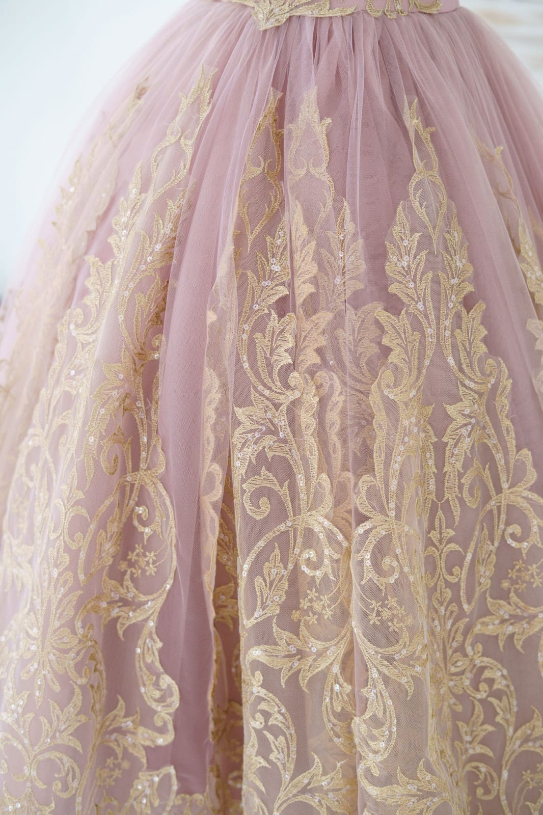 Mauve Tulle Gold Lace Sheer Back Wedding Flower Girl Dress