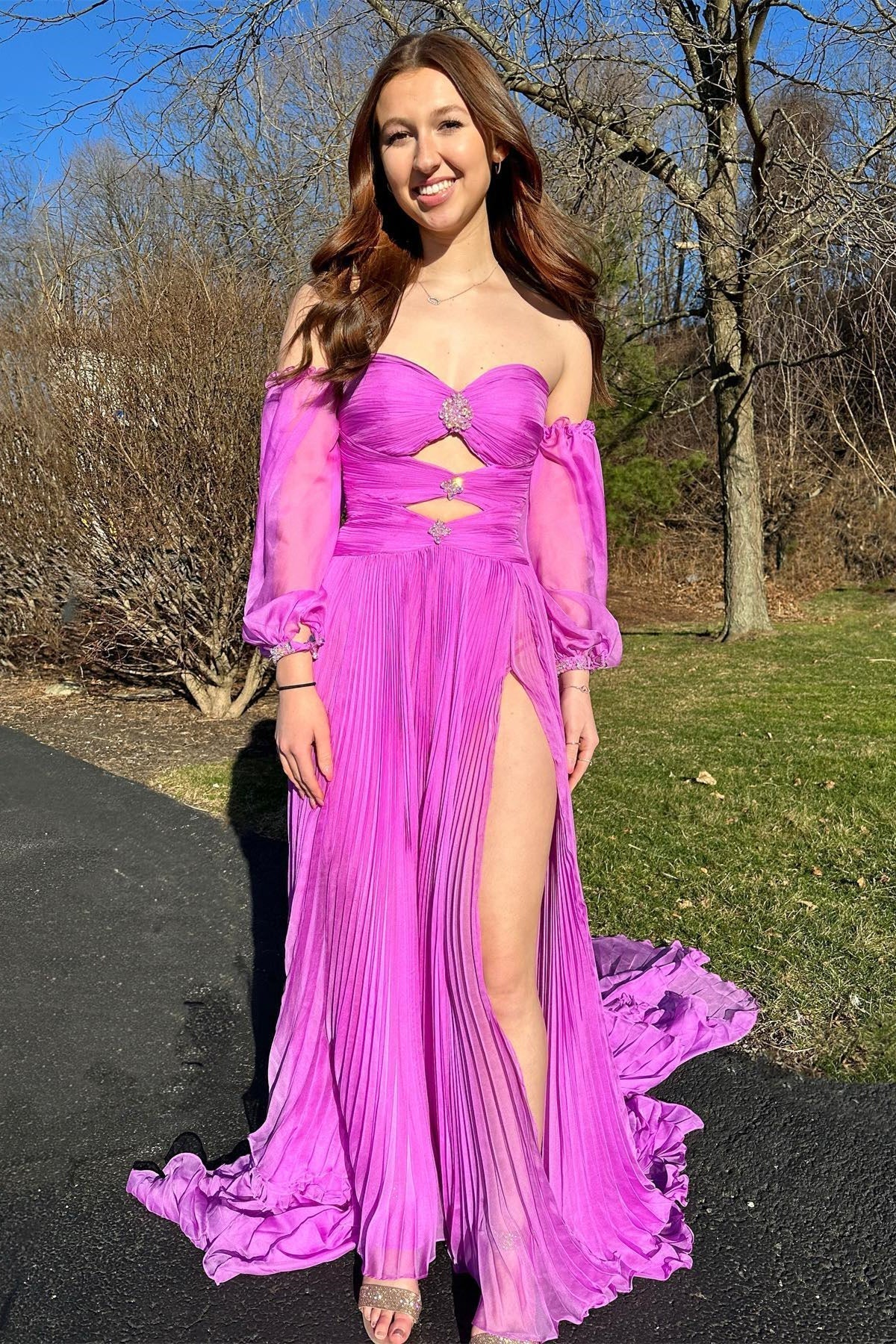 Roycebridal Ana | Trägerloses A-Linien-Ballkleid mit Strasssteinen und Ärmeln in Jägergrün