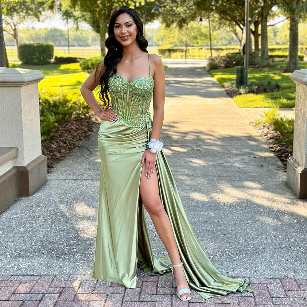 Mermaid Side Slits Spaghetti Straps Corset Prom Dress With Appliques