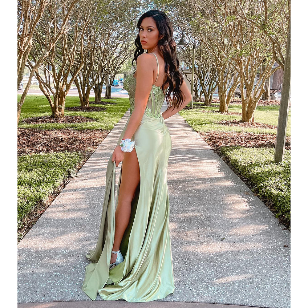 Mermaid Side Slits Spaghetti Straps Corset Prom Dress With Appliques