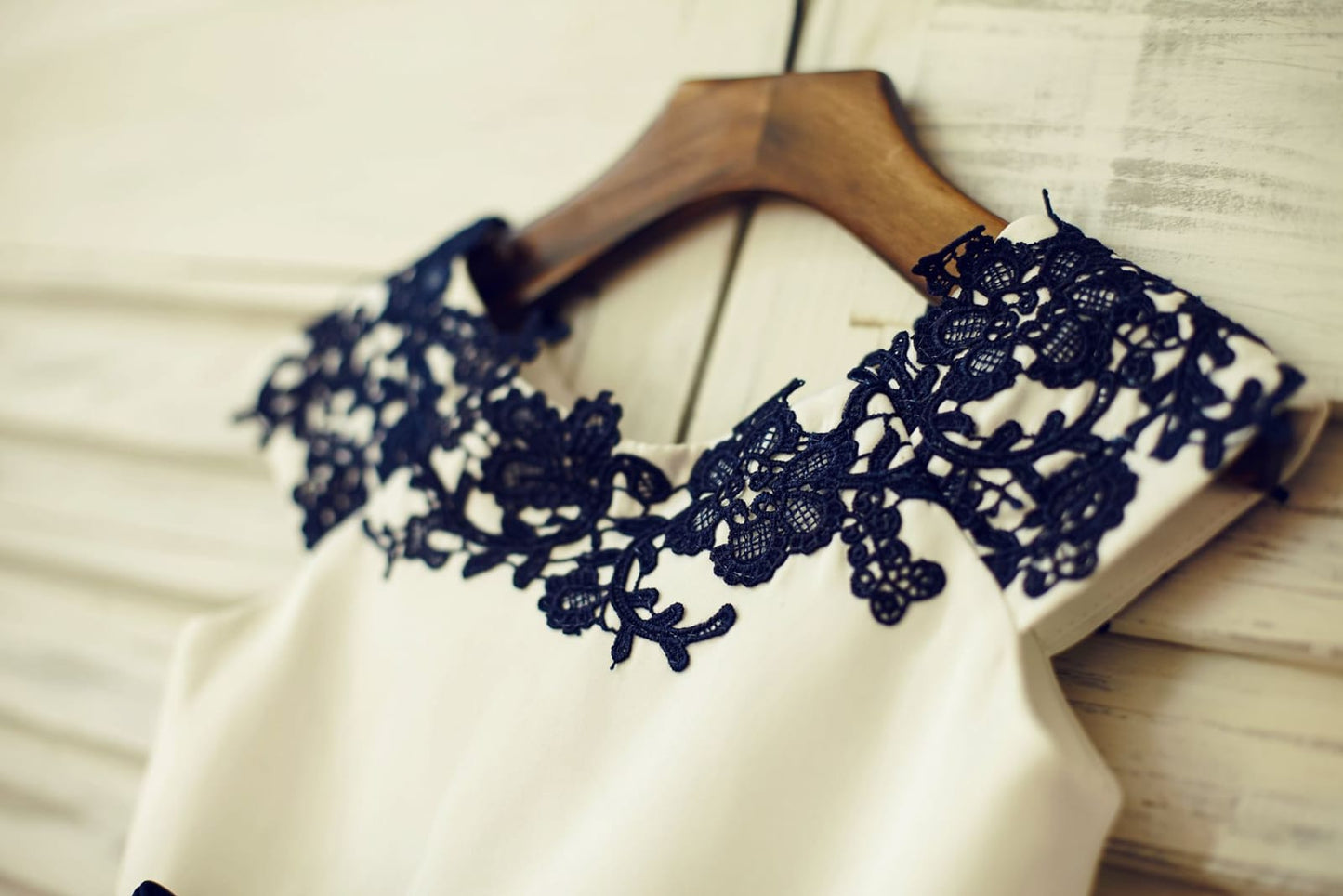 Navy Blue Lace Ivory Satin Organza Flower Girl Dress with
