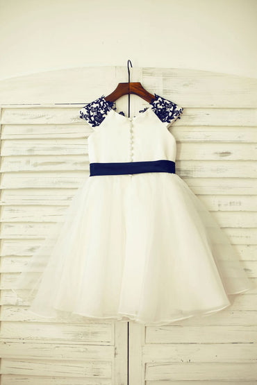 Navy Blue Lace Ivory Satin Organza Flower Girl Dress with