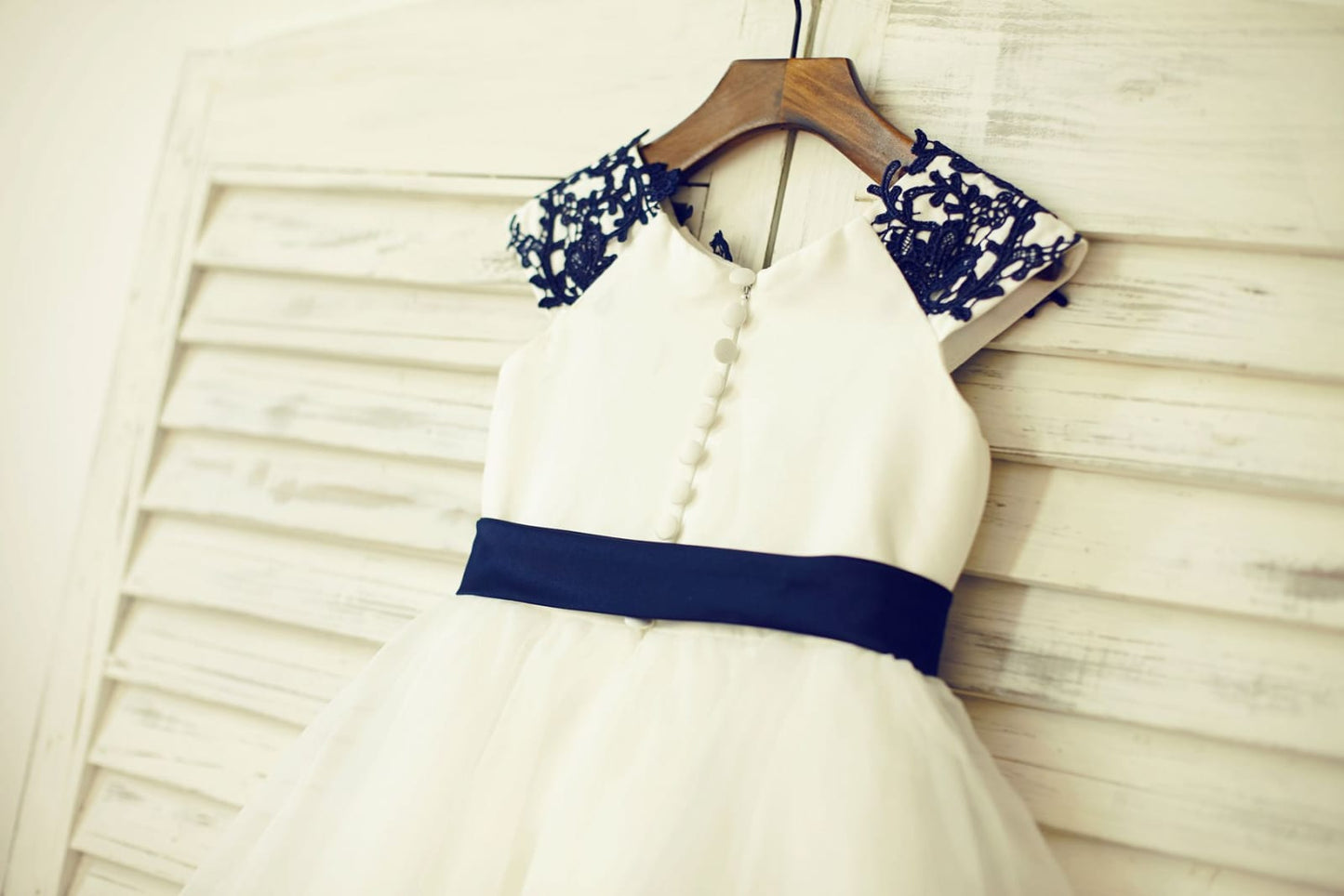 Navy Blue Lace Ivory Satin Organza Flower Girl Dress with