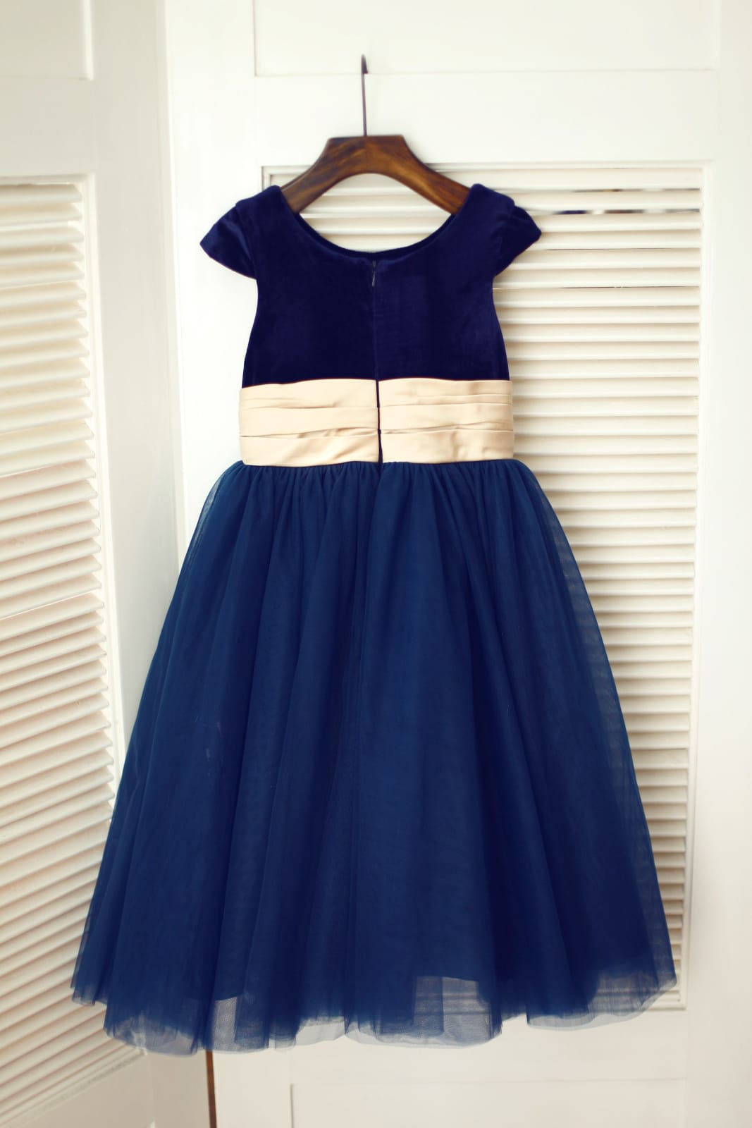 Navy Blue Velvet Tulle Cap Sleeve Wedding Flower Girl Dress