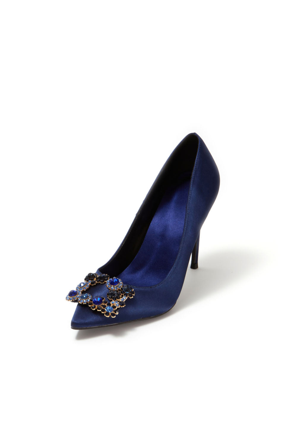Escarpins à talons aiguilles et bout pointu en satin bleu marine avec boucle et strass