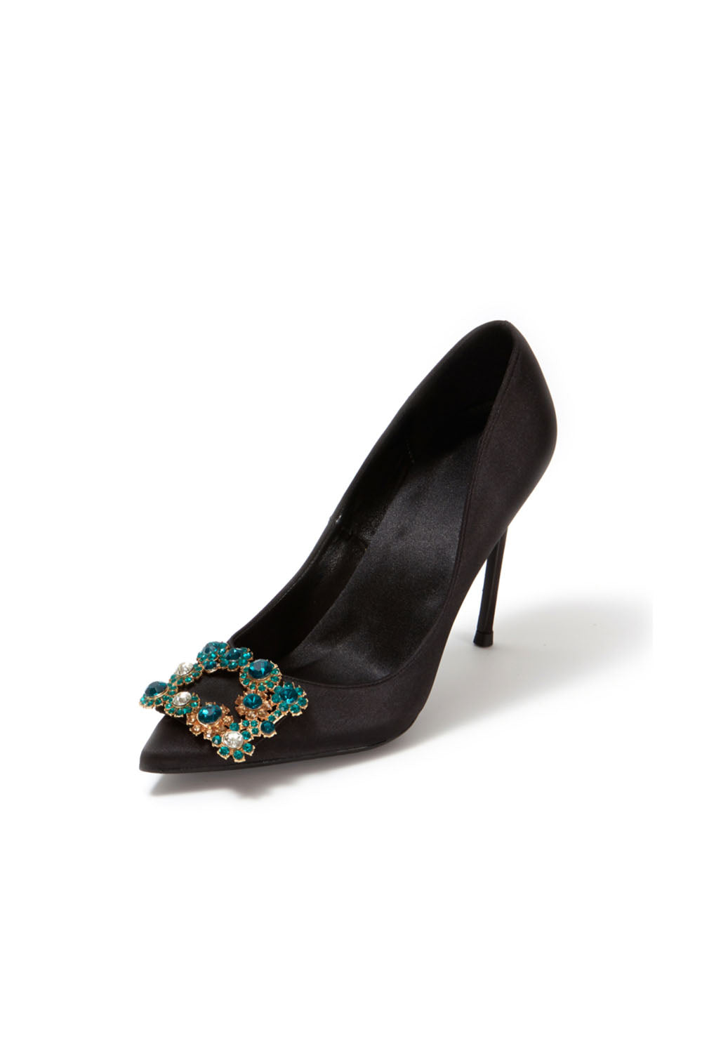 Escarpins à talons aiguilles et bout pointu en satin bleu marine avec boucle et strass