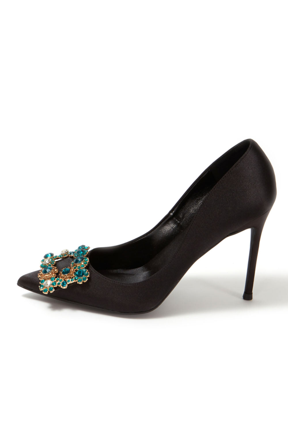 Escarpins à talons aiguilles et bout pointu en satin bleu marine avec boucle et strass