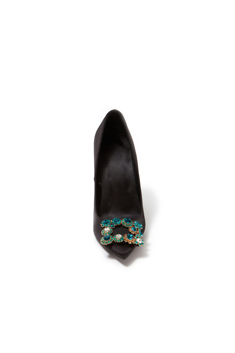 Escarpins à talons aiguilles et bout pointu en satin bleu marine avec boucle et strass