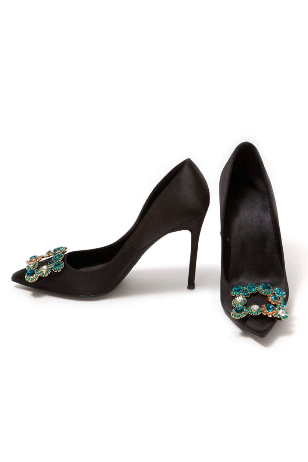 Escarpins à talons aiguilles et bout pointu en satin bleu marine avec boucle et strass