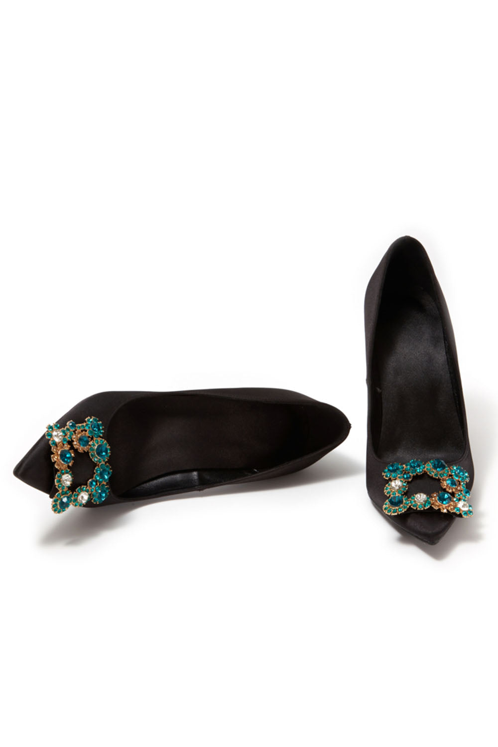 Escarpins à talons aiguilles et bout pointu en satin bleu marine avec boucle et strass