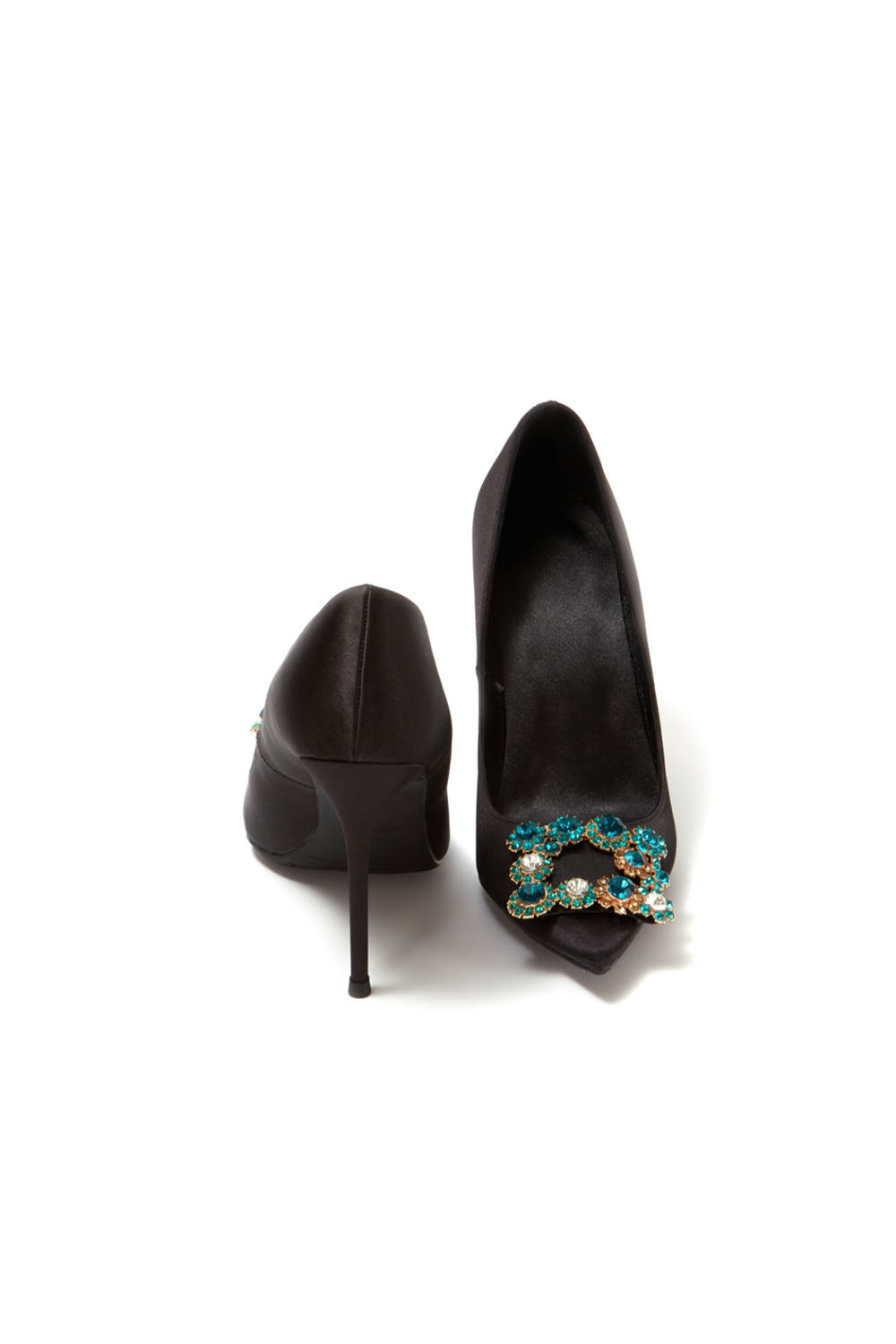 Escarpins à talons aiguilles et bout pointu en satin bleu marine avec boucle et strass