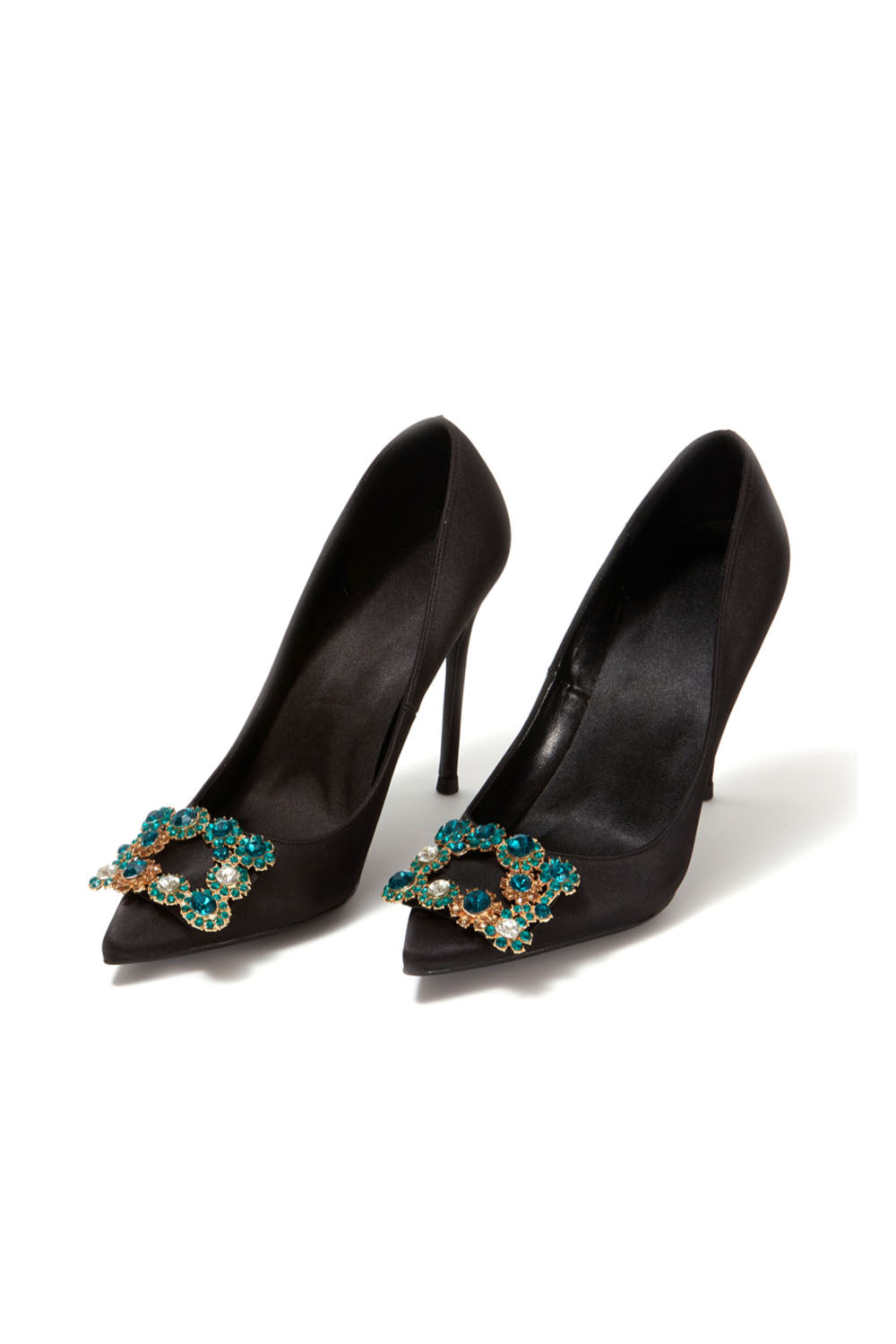 Escarpins à talons aiguilles et bout pointu en satin bleu marine avec boucle et strass
