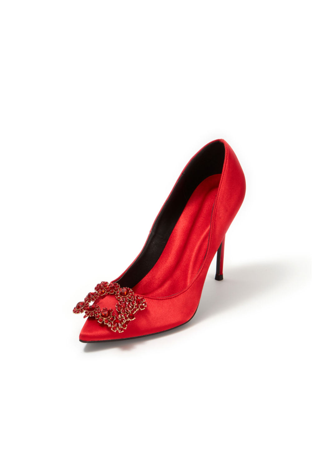 Escarpins à talons aiguilles et bout pointu en satin bleu marine avec boucle et strass