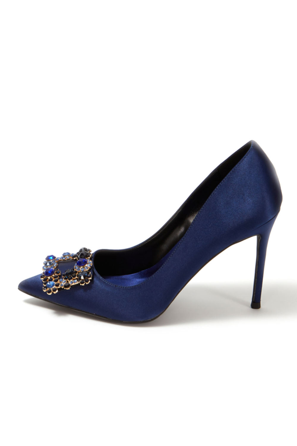 Escarpins à talons aiguilles et bout pointu en satin bleu marine avec boucle et strass