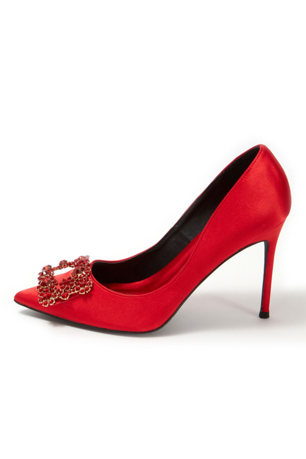 Escarpins à talons aiguilles et bout pointu en satin bleu marine avec boucle et strass