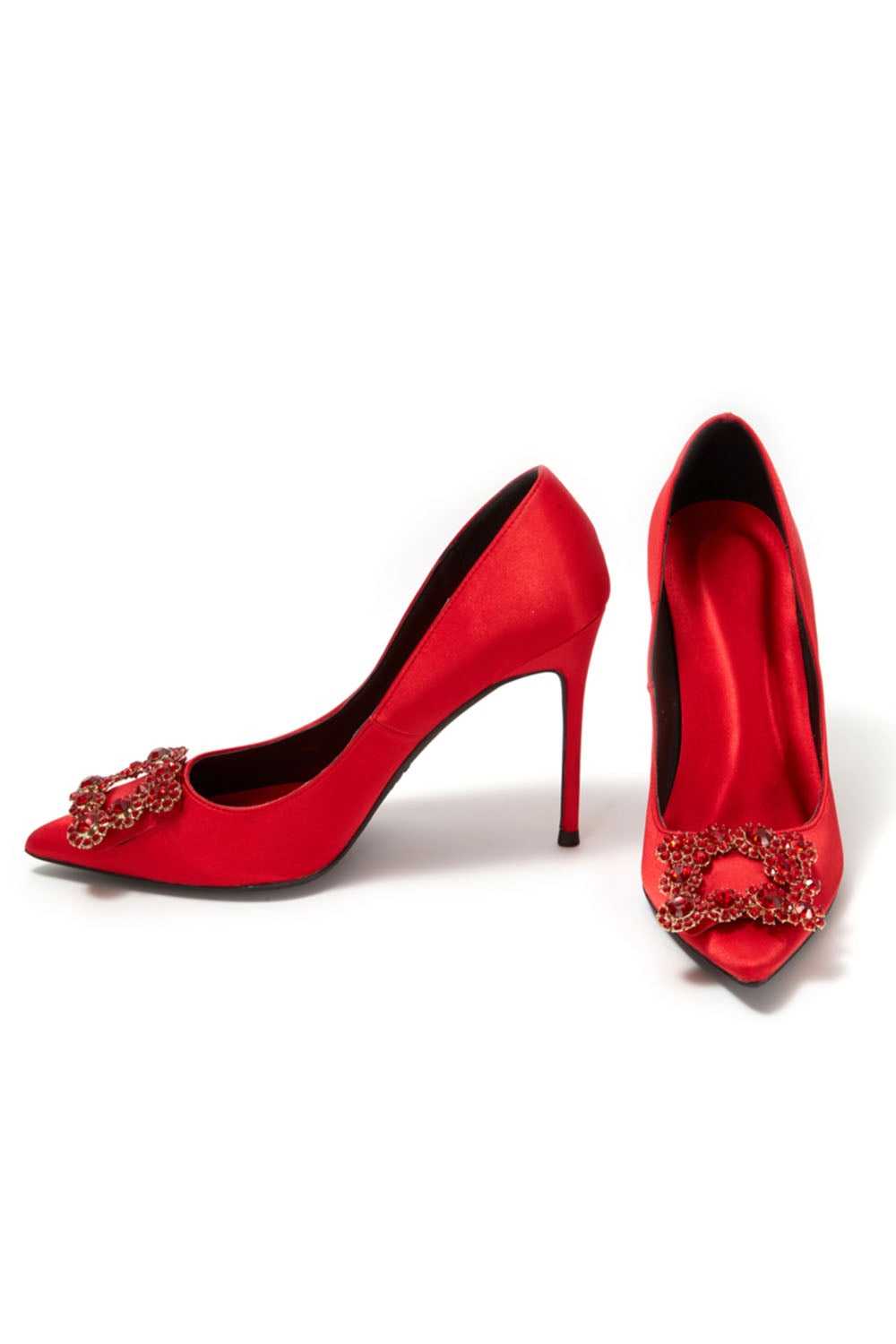 Escarpins à talons aiguilles et bout pointu en satin bleu marine avec boucle et strass