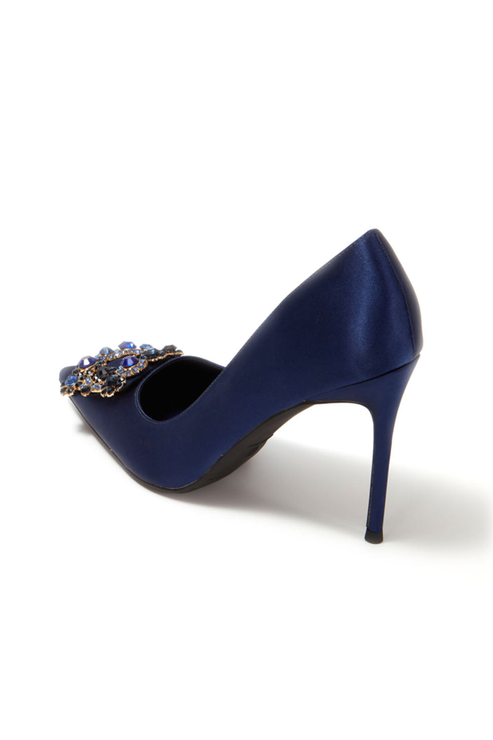 Escarpins à talons aiguilles et bout pointu en satin bleu marine avec boucle et strass
