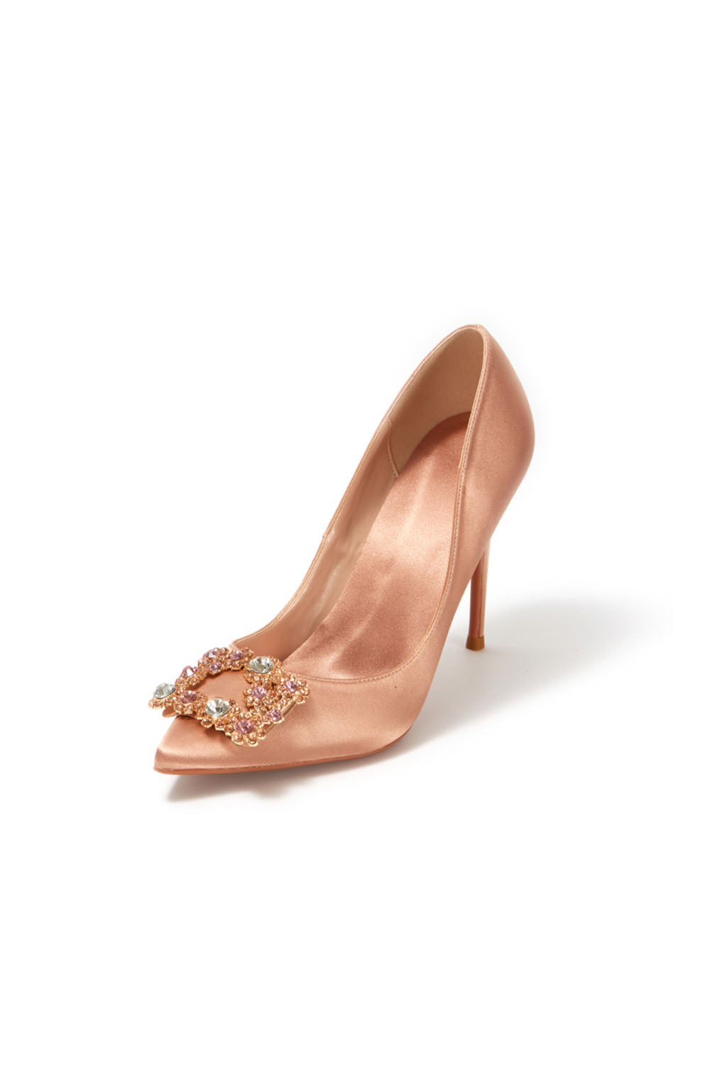 Escarpins à talons aiguilles et bout pointu en satin bleu marine avec boucle et strass