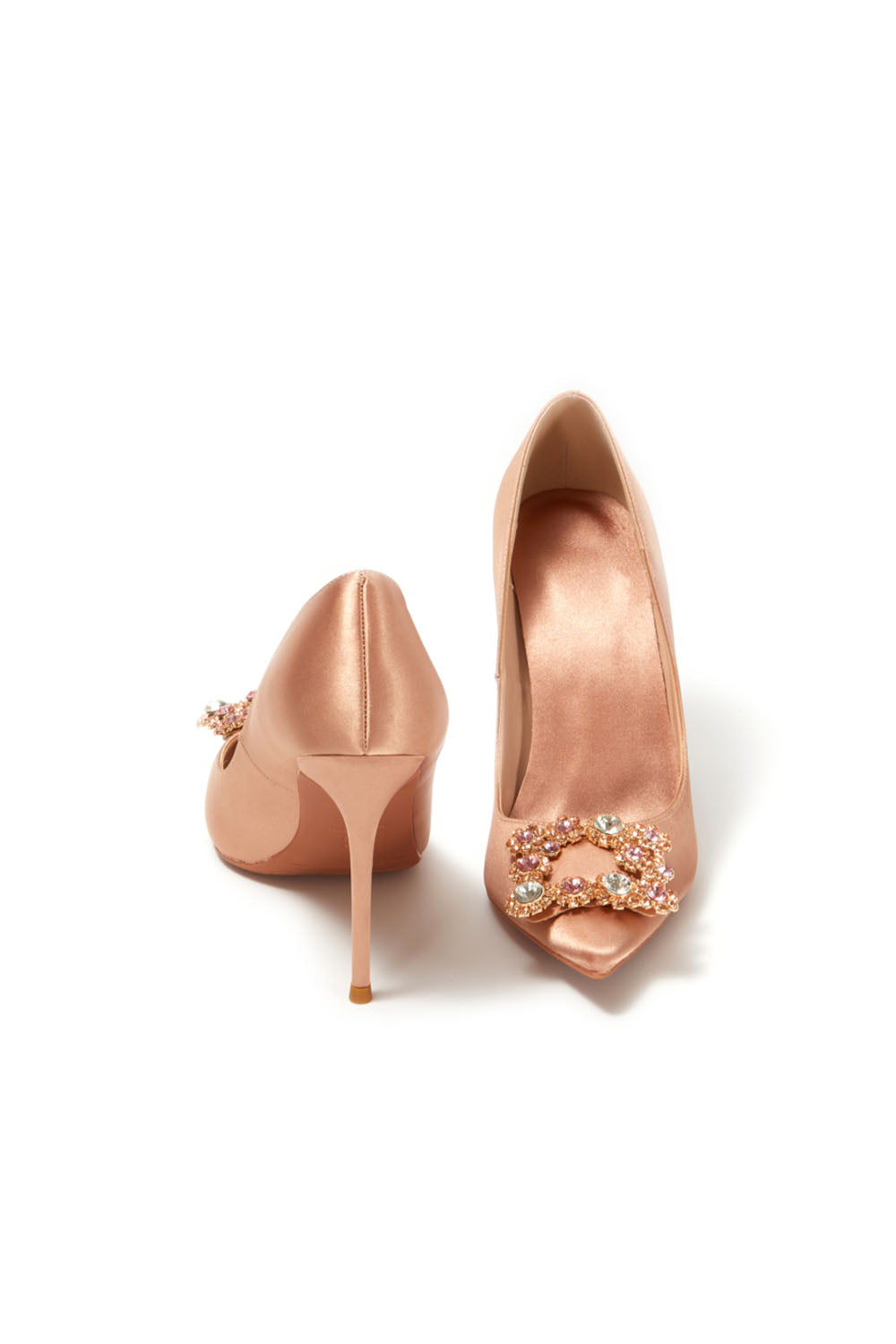Escarpins à talons aiguilles et bout pointu en satin bleu marine avec boucle et strass