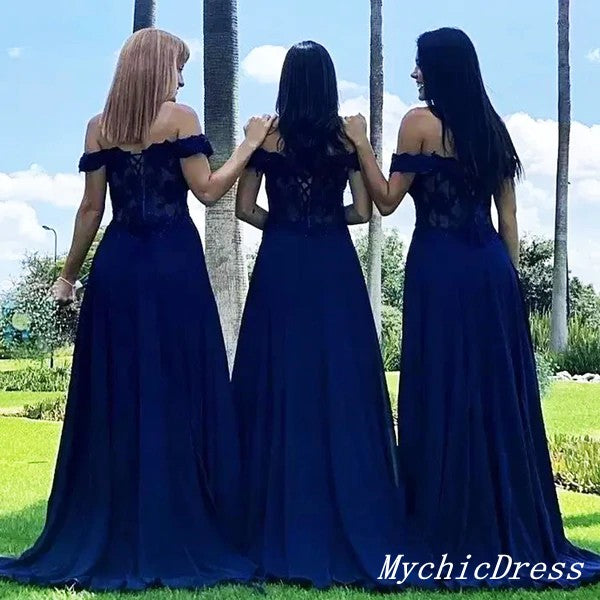 Roycebridal Schulterfreies Brautjungfernkleid mit Spitze, Marineblau, Pailletten, Hochzeitsgastkleid