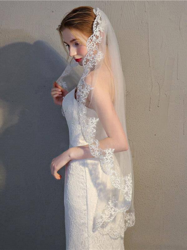 Voile de mariée court à un niveau Roycebridal, voiles mantille en dentelle d'inspiration vintage