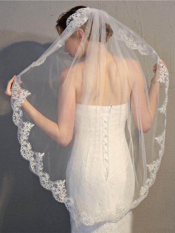 Voile de mariée court à un niveau Roycebridal, voiles mantille en dentelle d'inspiration vintage