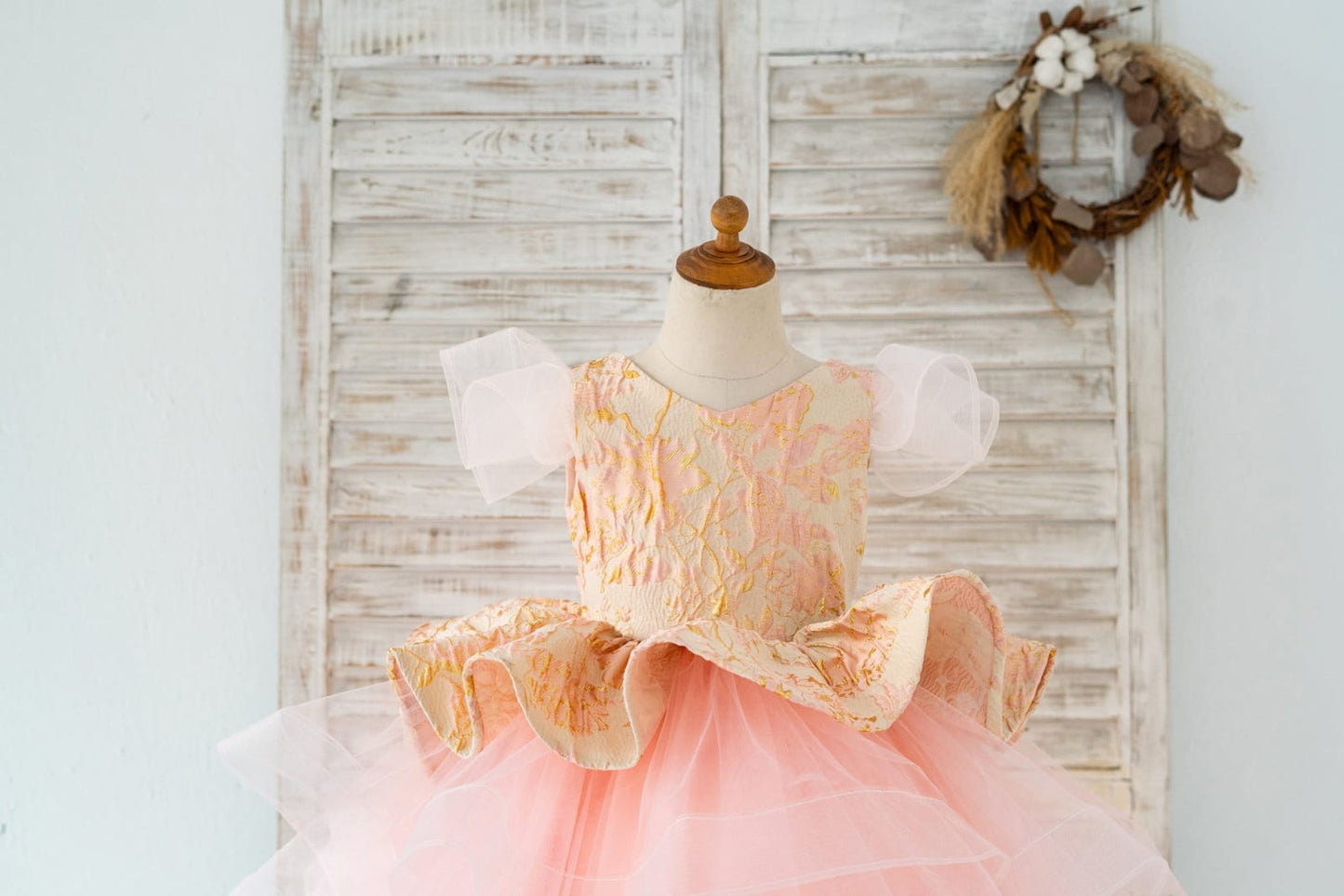 Pink Jacquard Hi Low Tulle Wedding Flower Girl Dress Kids