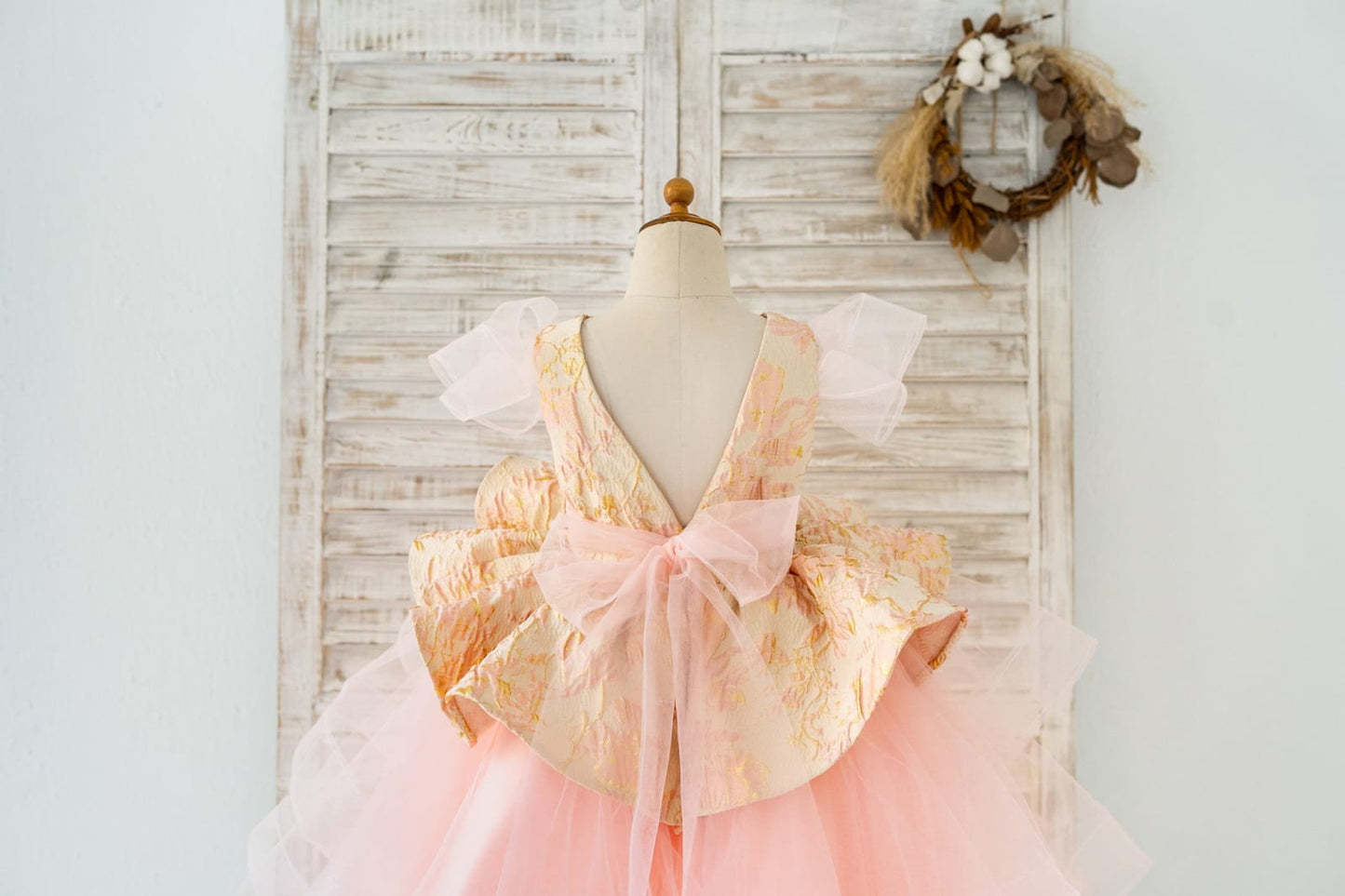 Pink Jacquard Hi Low Tulle Wedding Flower Girl Dress Kids