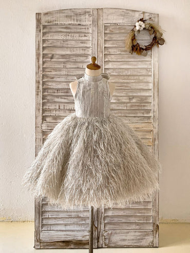 Pink / Silver Gray Jacquard Feather High Neck Wedding Party