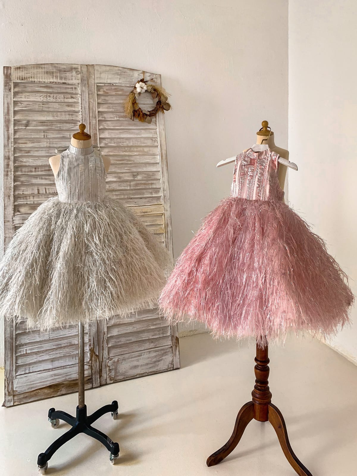 Pink / Silver Gray Jacquard Feather High Neck Wedding Party