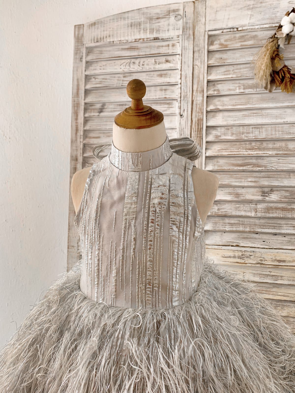 Pink / Silver Gray Jacquard Feather High Neck Wedding Party
