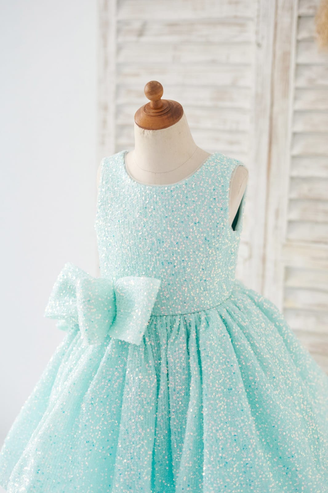 V Back Blue Sequin Wedding Flower Girl Dress Kids Party