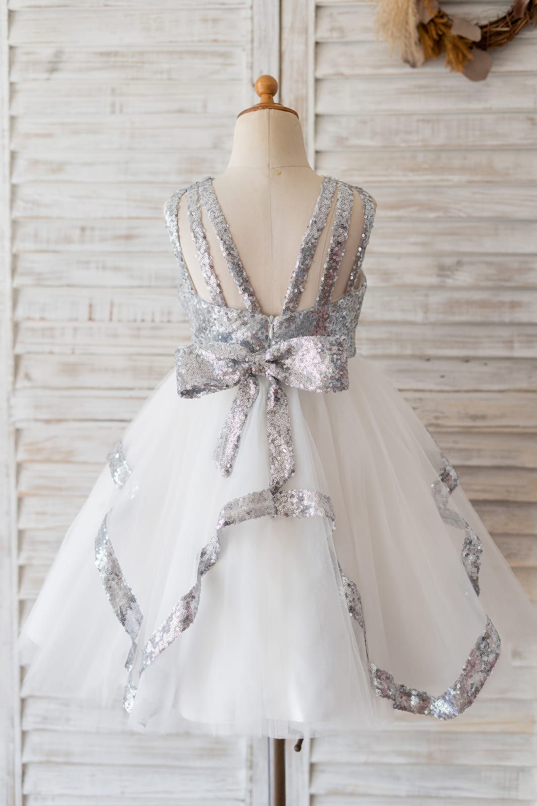 Backless Silver Sequin Tulle Wedding Flower Girl Dress Kids