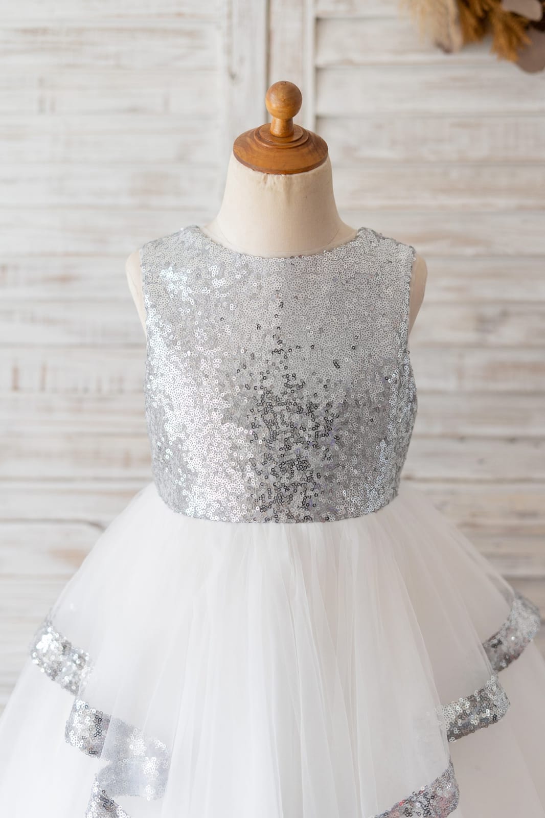 Backless Silver Sequin Tulle Wedding Flower Girl Dress Kids
