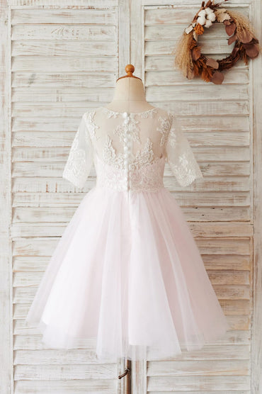 Ivory Lace Pink Tulle Short Sleeves Wedding Flower Girl