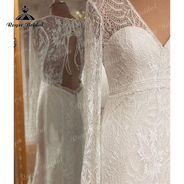 Plus Sizerobe de mariée Sexy Mermaid/Trumpet Wedding Dress Long Sleeve Lace Open Back V Neck vestido de boda corte sirena Roycebridal